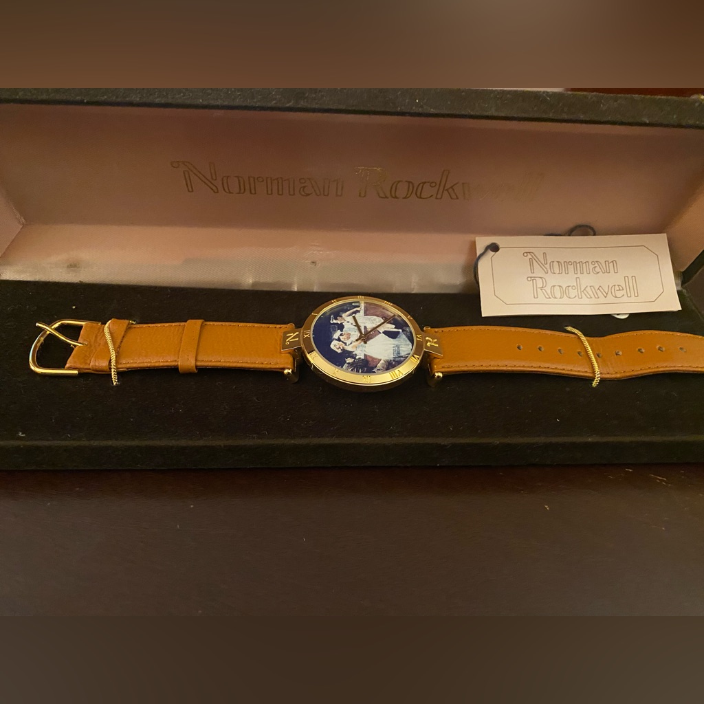 Norman Rockwell Icon Diner Image, Gold And Tan Leather Watch